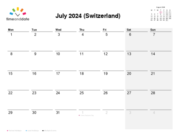 Calendar for 2024 in Switzerland