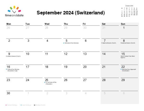 Calendar for 2024 in Switzerland