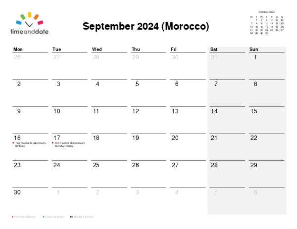 Calendar for 2024 in Morocco
