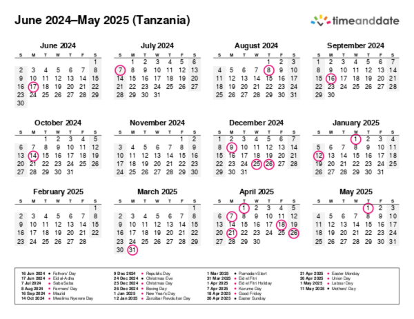 Calendar for 2024 in Tanzania
