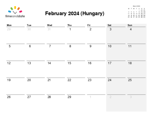 Calendar for 2024 in Hungary