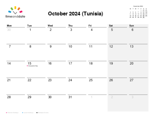 Calendar for 2024 in Tunisia