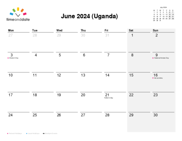 Calendar for 2024 in Uganda