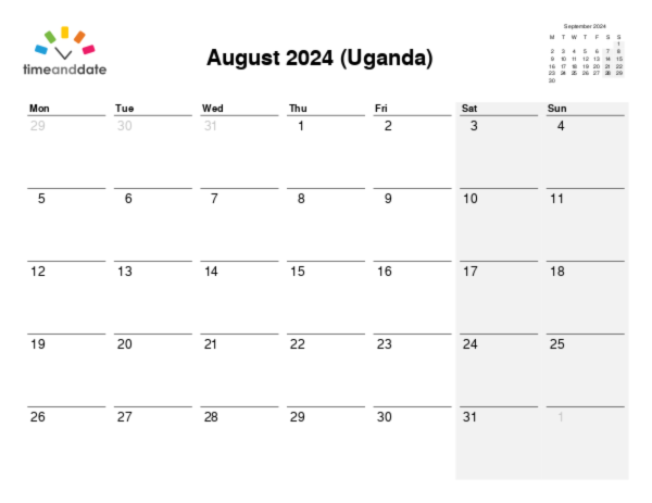 Calendar for 2024 in Uganda