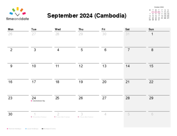 Calendar for 2024 in Cambodia