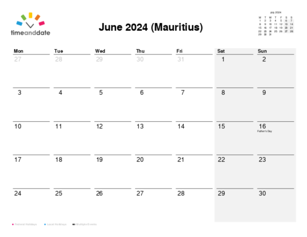 Calendar for 2024 in Mauritius