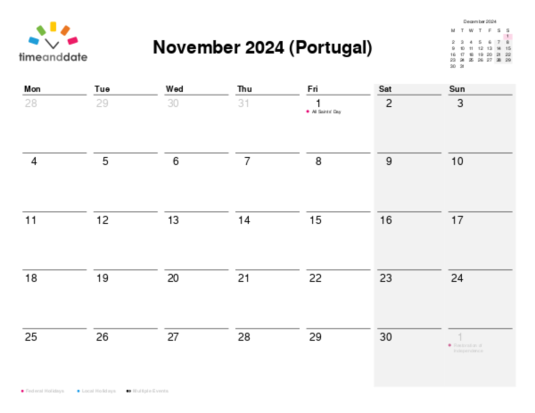 Calendar for 2024 in Portugal