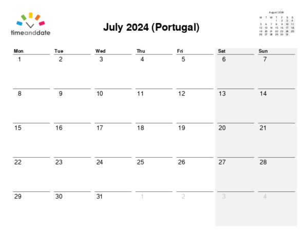 Calendar for 2024 in Portugal