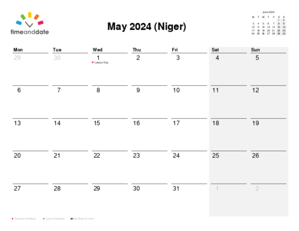 Calendar for 2024 in Niger