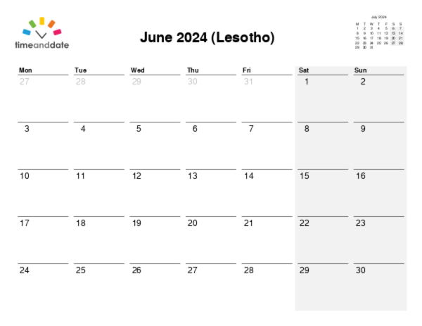 Calendar for 2024 in Lesotho