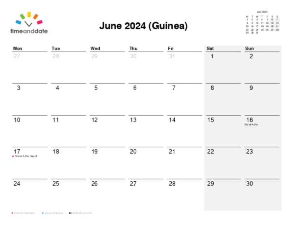 Calendar for 2024 in Guinea