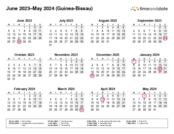 Calendar for 2023 in Guinea-Bissau