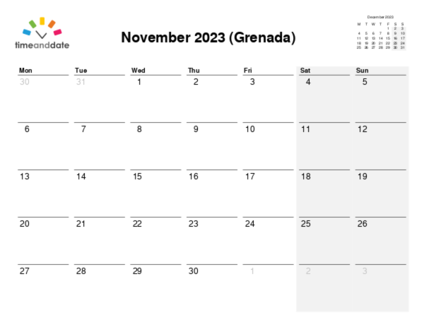 Calendar for 2023 in Grenada