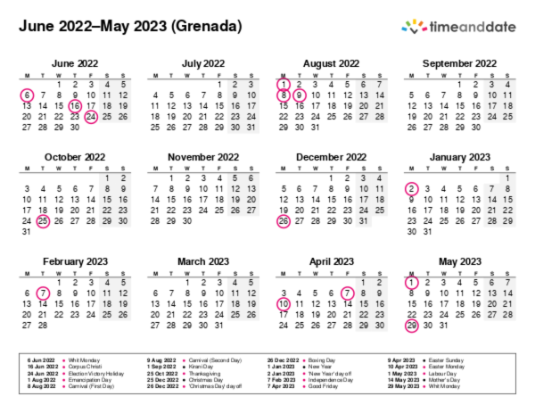 Calendar for 2022 in Grenada