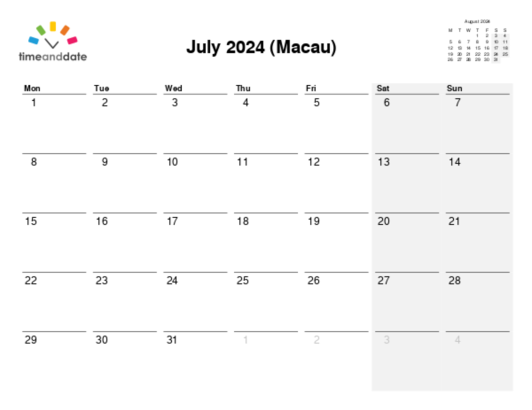 Calendar for 2024 in Macau