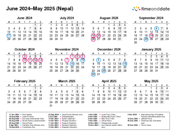 Calendar for 2024 in Nepal