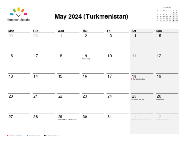 Calendar for 2024 in Turkmenistan