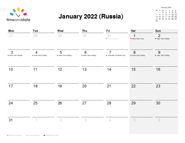 Calendar for 2022 in Russia
