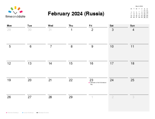Calendar for 2024 in Russia