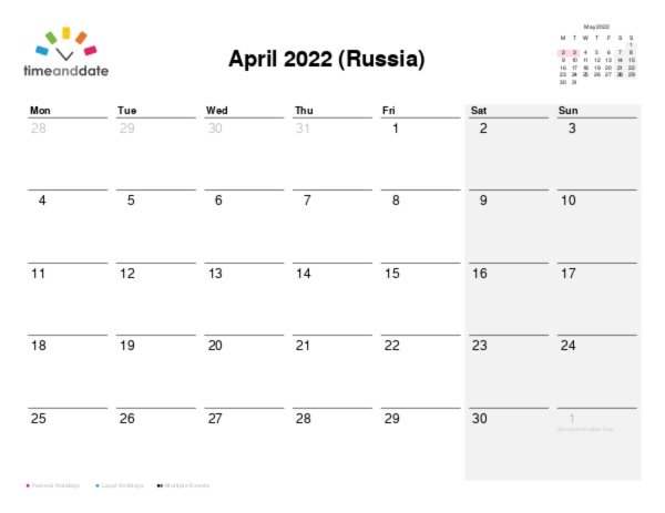 Calendar for 2022 in Russia