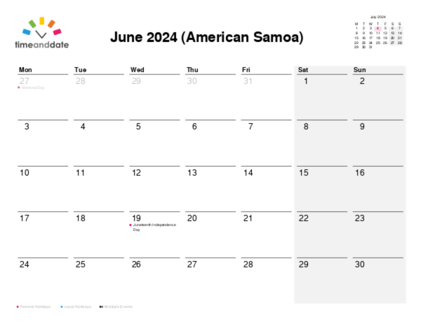 Calendar for 2024 in American Samoa