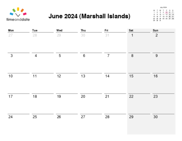 Calendar for 2024 in Marshall Islands