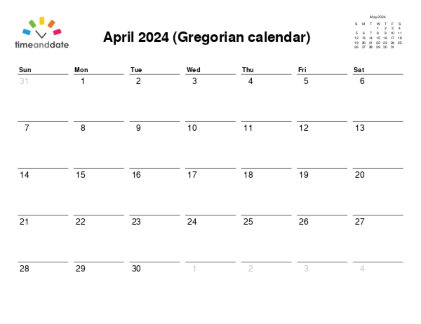 Calendar for 2024 in Gregorian calendar
