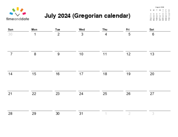 Calendar for 2024 in Gregorian calendar
