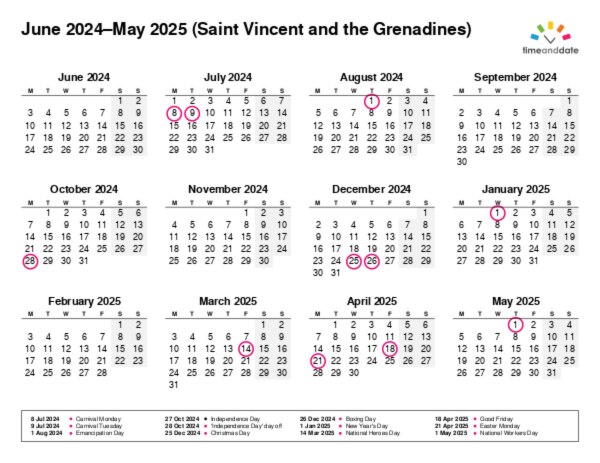 Calendar for 2024 in Saint Vincent and the Grenadines