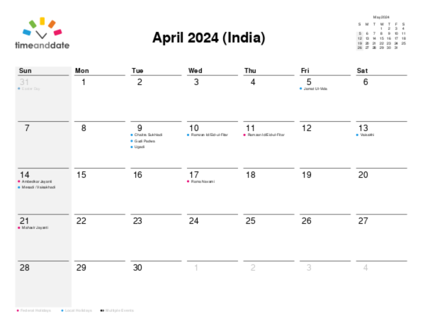 Calendar for 2024 in India