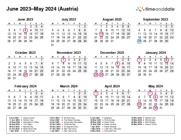 Calendar for 2023 in Austria