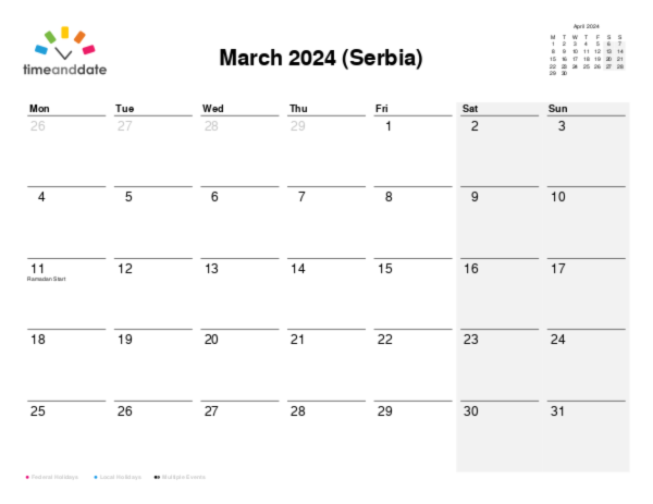 Calendar for 2024 in Serbia