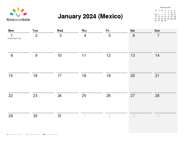 Calendar for 2024 in Mexico