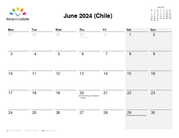 Calendar for 2024 in Chile