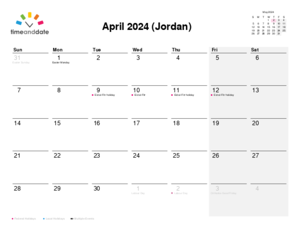 Calendar for 2024 in Jordan