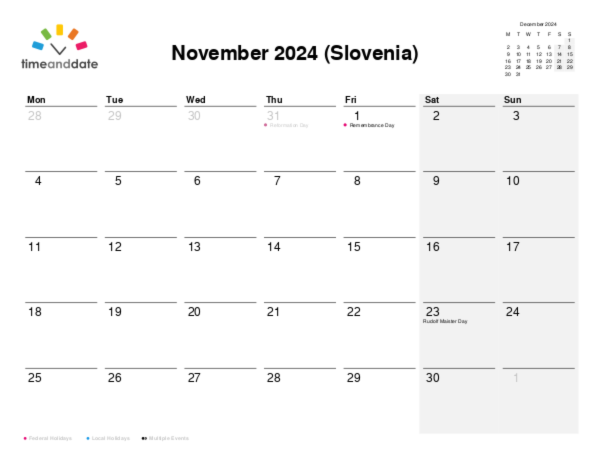 Calendar for 2024 in Slovenia