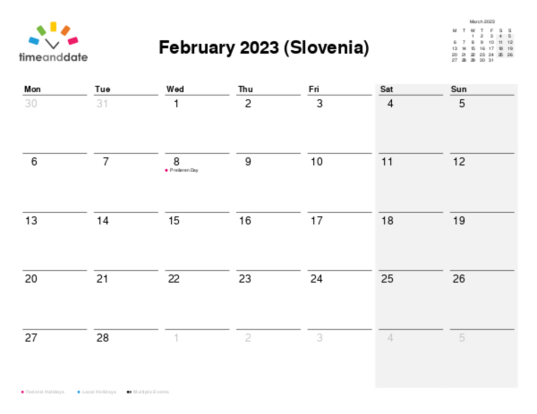Calendar for 2023 in Slovenia