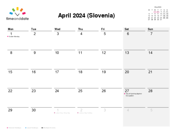Calendar for 2024 in Slovenia