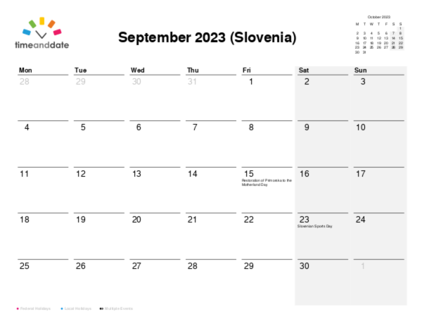 Calendar for 2023 in Slovenia
