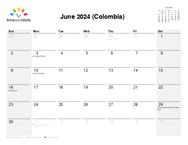 Calendar for 2024 in Colombia