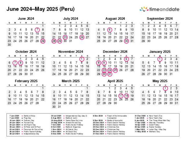 Calendar for 2024 in Peru