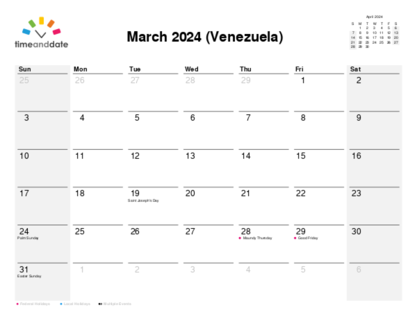 Calendar for 2024 in Venezuela