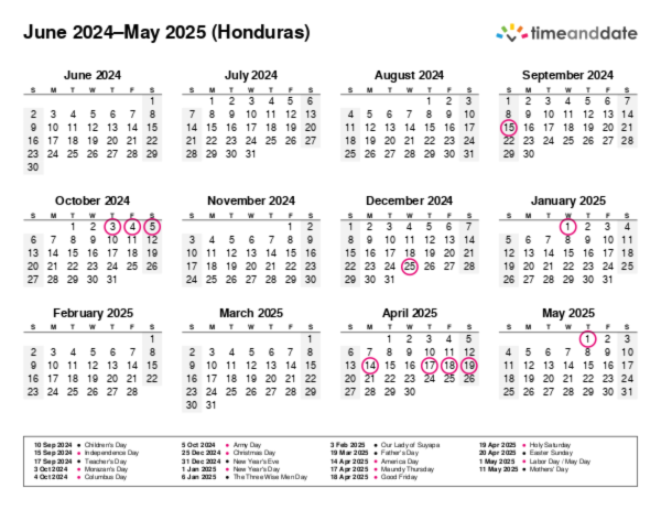 Calendar for 2024 in Honduras