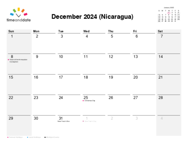 Calendar for 2024 in Nicaragua