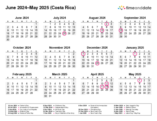 Calendar for 2024 in Costa Rica
