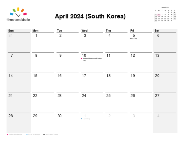 Calendar for 2024 in South Korea