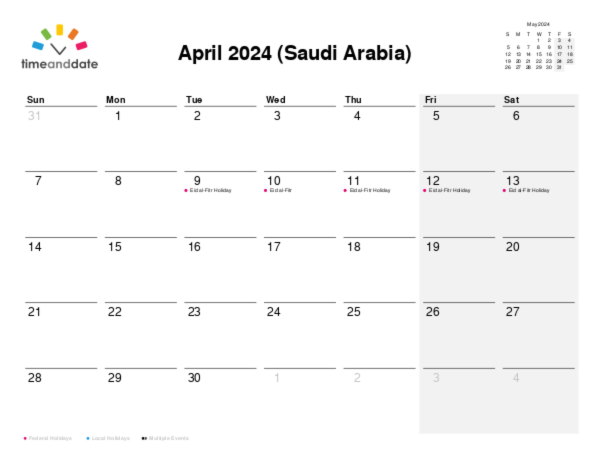 Calendar for 2024 in Saudi Arabia