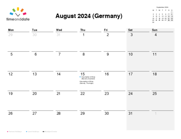 Calendar for 2024 in Germany