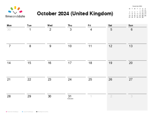 Calendar for 2024 in United Kingdom