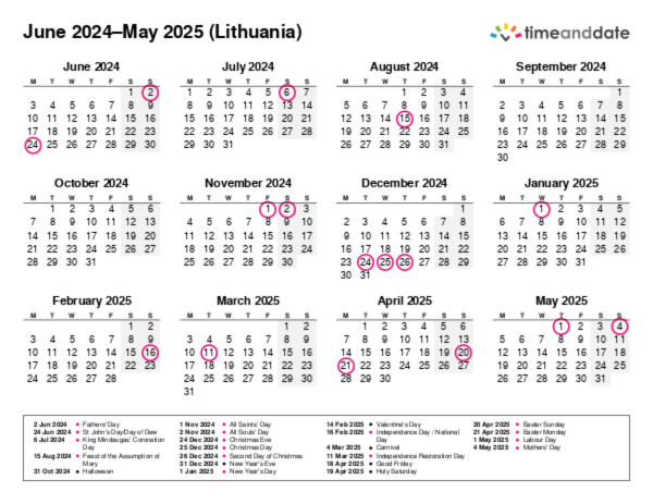 Calendar for 2024 in Lithuania
